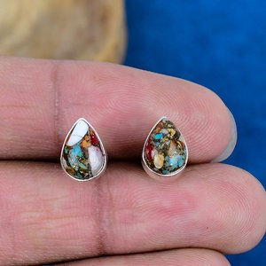 Natural Spiny Blue Oyster Turquoise Pear Shape Gemstone <b>Stud</b> Earring 925 Sterling <b>Silver</b> Finish - Product Image 1