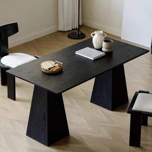 Table à manger rectangulaire en bois massif de luxe moderne, design minimaliste noir, base géométrique contemporaine, 6 places, pour la maison - Product Image 3