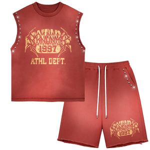 Red Sleeveless Acid Wash T-Shirt <b>Set</b> With Shorts Screen Print Street Style Men's Crew Neck Rhinestone Fashion Athletic Wear - Product Image 4