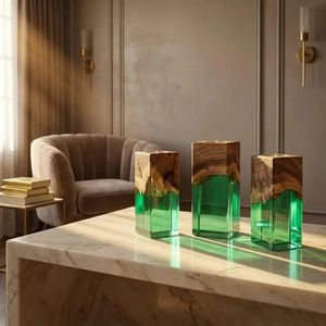 Wood Resin Square Tealight Candle Holder Set Transparent Epoxy Luxury Table Decor Modern Handmade Candle Centerpiece Home - Product Image 2
