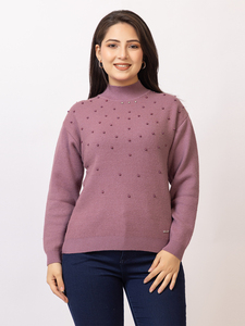 Suéter de Punto Sólido para Mujer, Cuello Alto, Manga Larga, con Detalles Adornados con Tachuelas, Estilo Casual de Invierno - Product Image 3