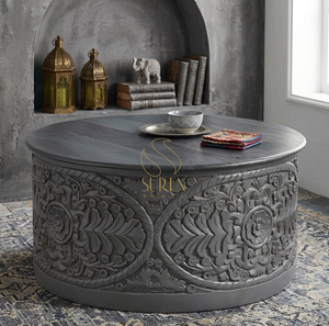 SUREN SPACE Round Carved Wood Coffee <b>Table</b> <b>With</b> <b>Storage</b> Traditional Design for Living Room Furniture - Product Image 1