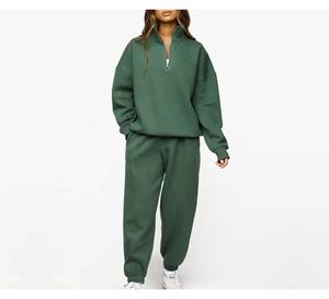 Womens Dark Green Half Zip Sweatshirt And <b>Matching</b> <b>Joggers</b> <b>Set</b> Premium Heavyweight Fleece Pullover Loungewear Two Piece Outfit - Product Image 1