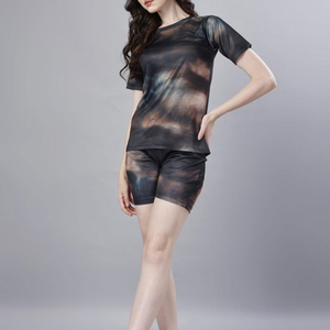Ensemble de shorts 2 pièces pour femmes, t-shirt gris avec imprimé lapin de dessin animé, shorts à motifs roses, vêtements décontractés d'été, coton tricoté - Product Image 3