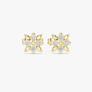 Boucles d'oreilles clous fleur à quatre pierres en or jaune 9K avec diamant de laboratoire 0,144 carat taille brillant rond, motif feuille florale, bijoux fins, vente en gros - Product Image 4