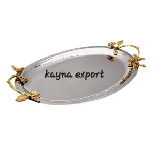 Luxury Decorative gold platted Leaf Handle Oval Shape Stainless steel hammered serving tray