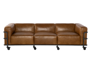 Industrial Cow Leather <b>Sofa</b> with Steel Frame and Casters Rolling Couch Statement Piece Contemporary Design Living Room Furniture - Product Image 1