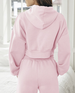 Conjunto de Sudadera Corta con Capucha de Forro Polar Rosa Sólido para Mujer, Pantalones Jogger de Manga Larga, Atuendo Informal - Product Image 2
