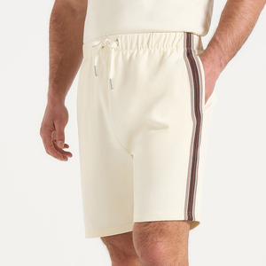 Men's Cream Cotton Bermuda Shorts With Side Stripe <b>Elastic</b> Waist Casual Style - Product Image 3