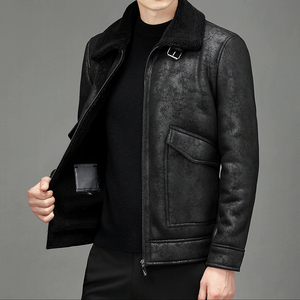 <b>Men's</b> <b>Brown</b> Genuine <b>Leather</b> <b>Jacket</b> With Faux Fur Collar Windproof Winter Moto Style Regular Fit Turn-down Collar - Product Image 2