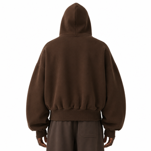 <b>Mens</b> Hooded <b>Zip</b> Jacket Brown Oversized Fit Ribbed Hem Casual Street Style <b>Top</b> Custom Label US Wholesale B2B Bulk Supply Source - Product Image 2