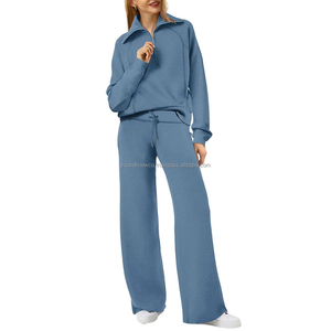 Nouvel arrivage de vêtements de détente Ensemble de survêtement 2 pièces pour femmes Ensemble de pantalons pull décontracté Sweat à capuche de fitness à fermeture éclair avec pantalon à jambes larges - Product Image 3
