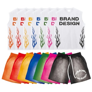 Men's Custom Two-Piece Set Breathable Cotton Acid <b>Wash</b> Sweat Shorts Sleeveless T-Shirt Distressed Casual Style High Elastic - Product Image 3