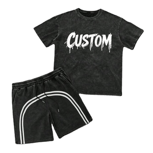 Ensemble T-shirt et short en coton pour homme, col rond, délavé à l'acide, décontracté, respirant, tricoté, style sportswear, effet soleil éclairé, pour l'été - Product Image 1