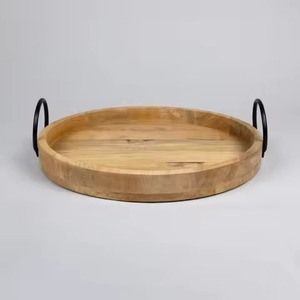 High Quality Wooden Serving Tray For Hotel Restaurant Table Top Serving Use Ramadan Eid Decorative Tray With <b>Black</b> Handles - Product Image 2