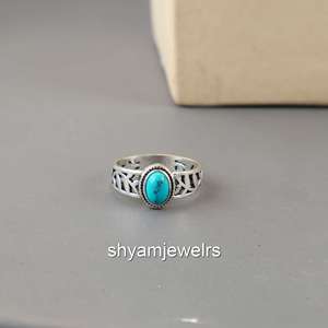 Natural Turquoise 925 Sterling Silver <b>Ring</b> | Vintage Filigree Cut-out Band | Handmade Bezel Set Oval Gemstone Gold Plated <b>Ring</b> - Product Image 2