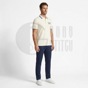 Polo de Manga Corta Color Crema para Hombre con Ribete Azul, Corte Regular, Estilo Casual Elegante, Tejido de Piqué de Algodón, Transpirable, Diseño Sólido - Product Image 4