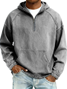 Men's Vintage Acid Wash <b>Black</b> Half Zip Hoodie Raglan Sleeve Loose Pullover <b>Sweatshirt</b> - Product Image 6