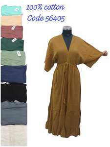 Vestido maxi 100% algodón con cuello en V, estilo bohemio holgado, con lazo cruzado, dobladillo en capas y detalle de borlas, código 56405, vestido boho hippie para verano. - Product Image 1