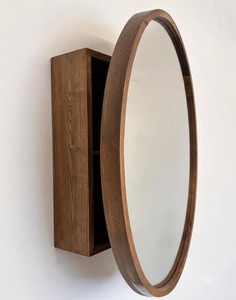 Armoire murale de salle de bain en bois avec miroir rond et 3 étagères de rangement, quincaillerie en laiton, design moderne - Product Image 3