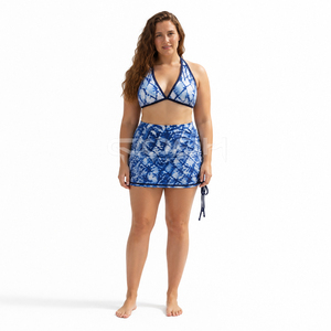 Women’s Blue Tie Dye <b>Two</b> <b>Piece</b> Beachwear <b>Set</b> With Halter Bikini Top And Adjustable Ruched Swim Skirt - Product Image 1