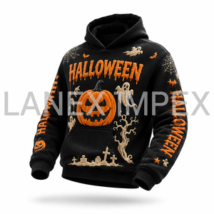 Sudadera con Capucha Personalizada de Halloween con Estampado Puff para Hombre y Mujer, Sudadera de Algodón Negro con Diseño de Calabaza, Fantasma, Murciélago y Araña - Product Image 2