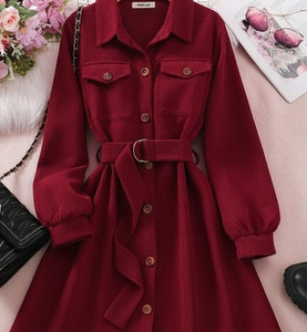 Vestido Camisero Color Granate para Mujer, con Botones y Cinturón, Estilo Casual, Modesto y Transpirable para Uso Diario, Primavera/Verano, Tela de Poliéster - Product Image 4