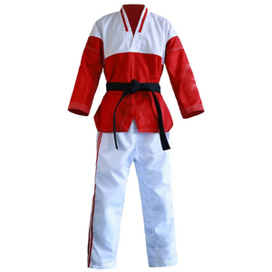 <b>Hot</b> Sale Taekwondo Uniform <b>Red</b> White Color Blocked Unisex Adult Training Wear Breathable Comfortable Durable Polyester/Cotton - Product Image 1