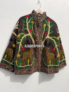 Hand Embroidered <b>Velvet</b> <b>Jacket</b> With Deer And Tree Pattern Mandarin Collar Full Sleeve Women's Winter Coat - Product Image 4