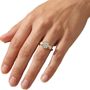 Bague de fiançailles en or massif 18 carats avec moissanite, sertie demi-cerclée, solitaire, diamant de laboratoire rond et baguette, trois pierres, style minimaliste, pour mariée - Product Image 6
