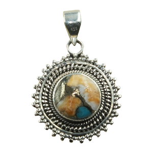 925 Sterling Silver Orange Copper Turquoise Pendant Round Vintage Boho Handmade Statement Jewelry Gift for Women <b>Girlfriend</b> her - Product Image 1