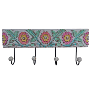 Smart Art Wood Carving <b>Key</b> Rack Organizer White Washed Handmade <b>Wall</b> Mounted <b>Key</b> Hanger Clothing Storage 4 <b>Hook</b> Engineered Wood - Product Image 1