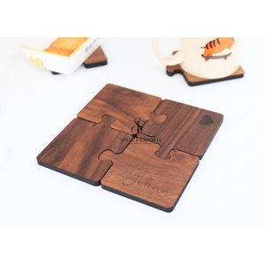 Puzzle Theme Wooden <b>Coaster</b> <b>Set</b>. Interlocking Walnut Wood Personalized Engraved Design Drink Mats For Creative Table Decor - Product Image 4