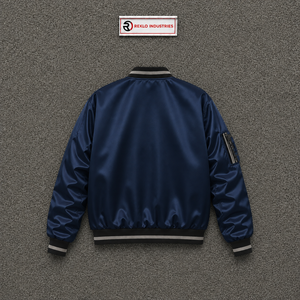 Chaqueta universitaria premium azul marino satinada para hombre y mujer, chaqueta bomber brillante personalizada al por mayor con cuello acanalado a rayas blancas y negras - Product Image 6