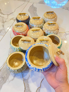 Pot en bambou nacre, bambou naturel avec incrustation de coquillages, boîte de rangement pour thé, café, épices et décoration intérieure, Vietnam - Product Image 4