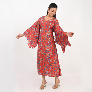 Robe longue élégante en coton à fleurs, col en V, coupe ample, manches larges, tissu respirant, tenue décontractée quotidienne pour femmes - Product Image 3
