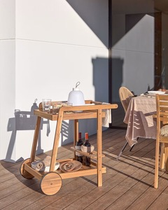 Chariot de service moderne en teck avec roulettes, chariot de bar d'extérieur avec porte-bouteilles, chariot à boissons de luxe pour hôtel, villa - Product Image 3