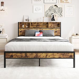 Queen <b>Bed</b> <b>Frame</b> with Storage Headboard Metal <b>Platform</b> <b>Bed</b> Charging Station Easy Assembly Bookcase Storage No Box Spring Needed - Product Image 1