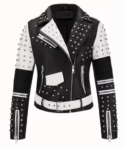 Blouson de moto en cuir véritable clouté pour femme, coupe ajustée de luxe, style punk rock, avec strass, respirant, pour café racer - Product Image 1