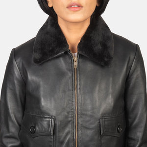 Blouson bomber en cuir véritable noir avec col en fourrure, fermeture éclair sur toute la longueur des manches, coupe classique, vêtement d'hiver - Product Image 6