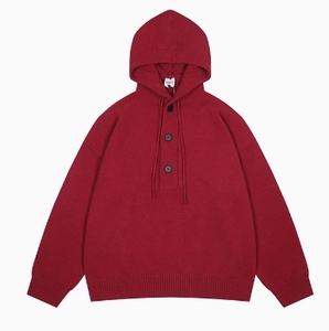 Pull à capuche en tricot pour homme, couleur unie, boutons sur le devant, décontracté, manches longues, coupe classique, vêtements d'automne - Product Image 2