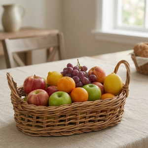 Plateau ovale tissé avec poignée, panier de service artisanal polyvalent pour le pain, les fruits, la décoration de table, le rangement domestique et les pique-niques - Product Image 4
