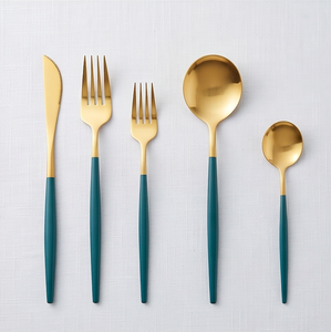 Juego de cubiertos de acero inoxidable Chapado en Color dorado con Mango Verde de 5 tenedores, cuchara, cuchillo, apto para lavavajillas, juego de cubiertos para café, uso doméstico - Product Image 1