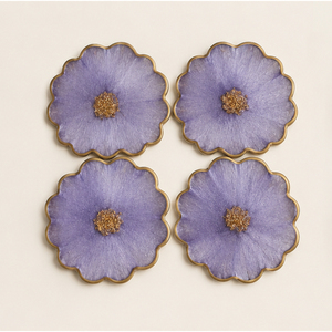Wholesale Purple Flower Shaped Epoxy Resin Coasters with Gold Flake Center Handmade Sculpted Floral Petal Drink <b>Cup</b> <b>Mats</b> - Product Image 1