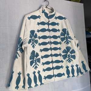 Chaqueta bordada de estilo chino con patrón de peces azules, corte holgado, manga tres cuartos, cuello mandarín, ropa informal para todas las estaciones - Product Image 2