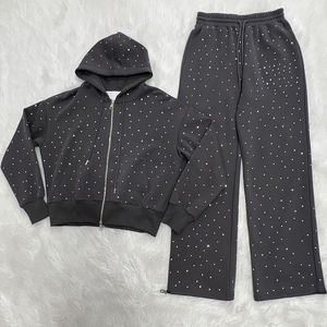 Ensemble de survêtement décontracté pour femme, noir, à capuche, avec strass, fermeture éclair, manches longues, coupe régulière, pour l'automne - Product Image 1
