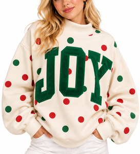 Sweat-shirt oversize à col montant pour femme, crème à pois, avec appliqué lettres « Green Joy », pull de Noël - Product Image 1