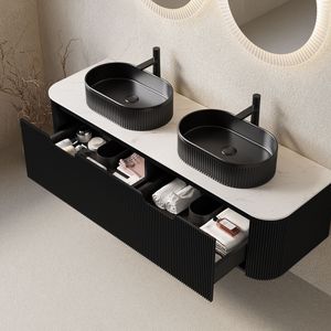 DINA 60\" Modern Wall Mounted <b>Bathroom</b> <b>Vanity</b> with Floating Curved Edges and Striped Storage Cabinet 2 Drawers - Product Image 2