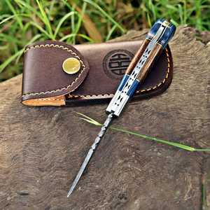 Couteau de poche pliant en acier Damas, vente en gros, fournisseur en vrac, couteau de chasse EDC à verrouillage, personnalisation de marque, distributeur, manche en bois - Product Image 3