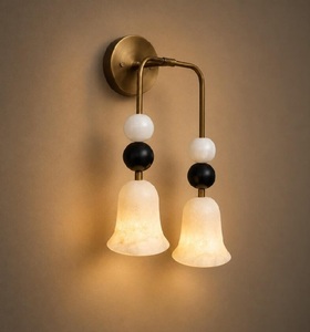 Double Alabaster Wall Sconce, Brass Twin Wall Light, Natural Stone Shades, Modern Bedroom Bathroom Vanity Lighting - Product Image 4